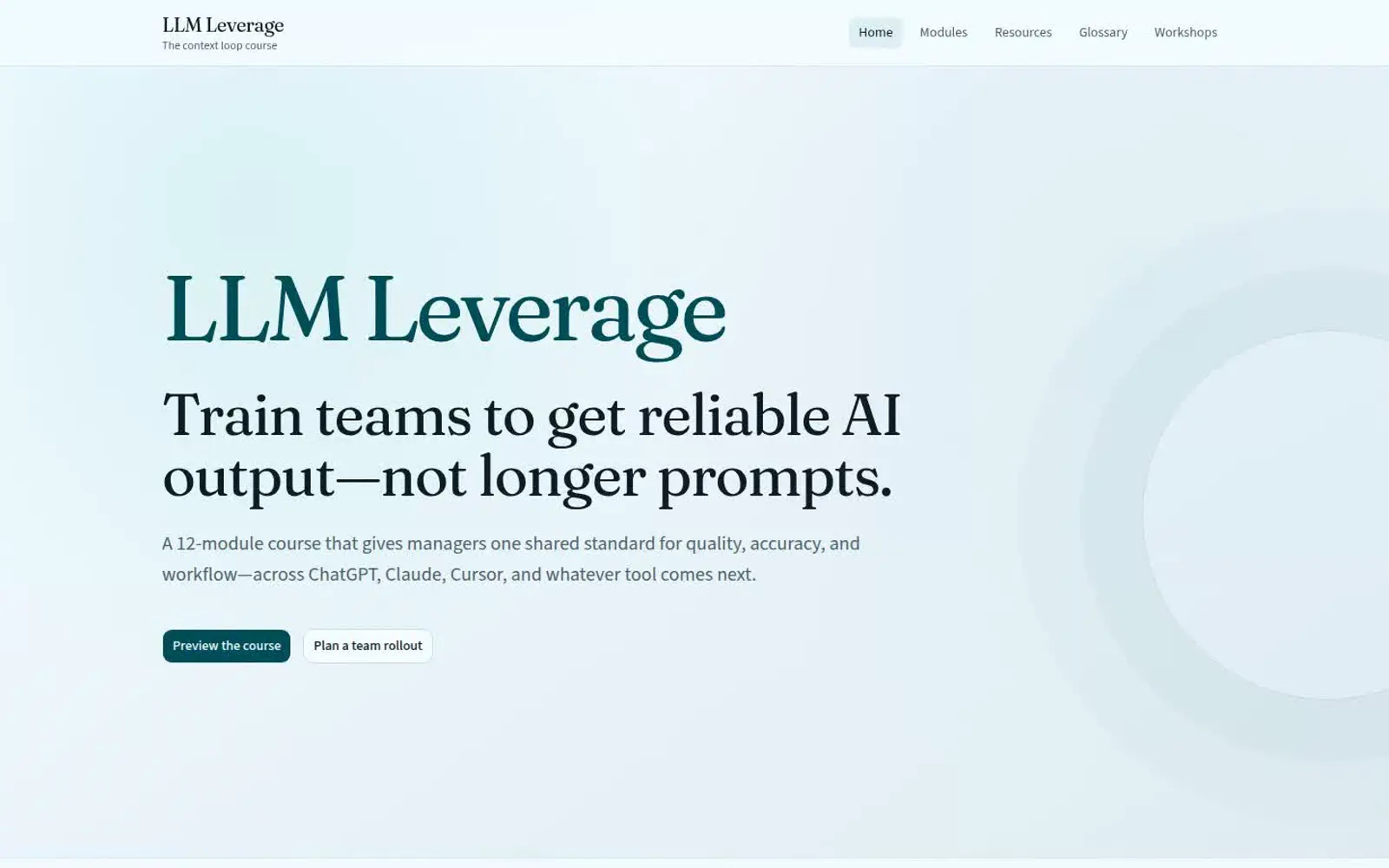 LLM Leverage course home: a lesson preview and a rollout path.