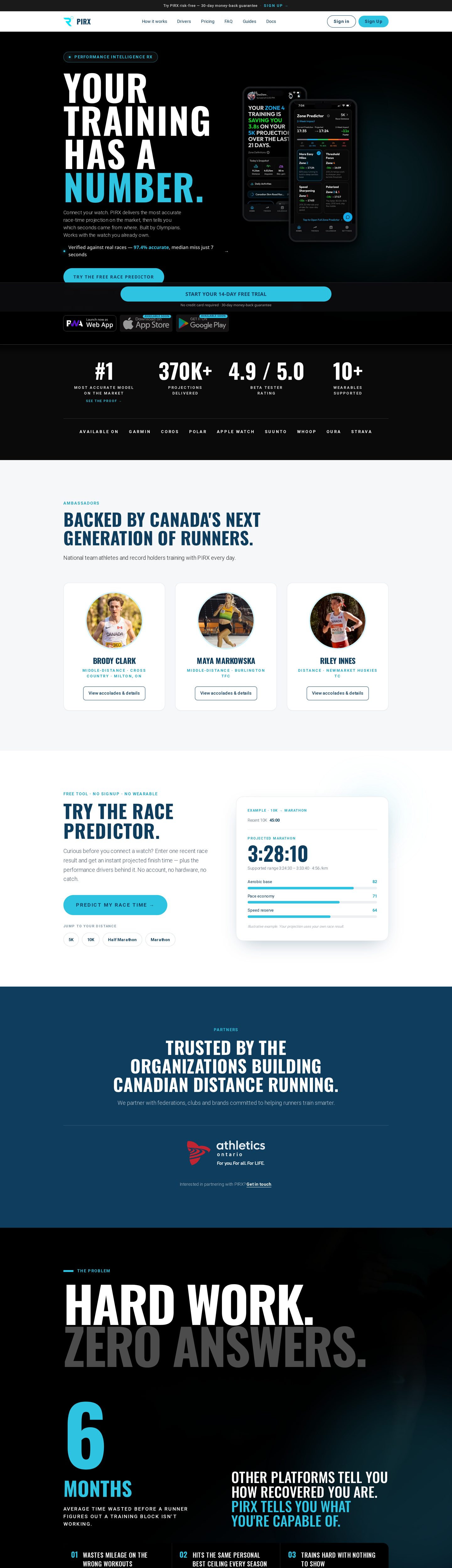 pirx.ca home page on a desktop browser, scrolled past the hero to the predictor, a sample result, and the running guides.