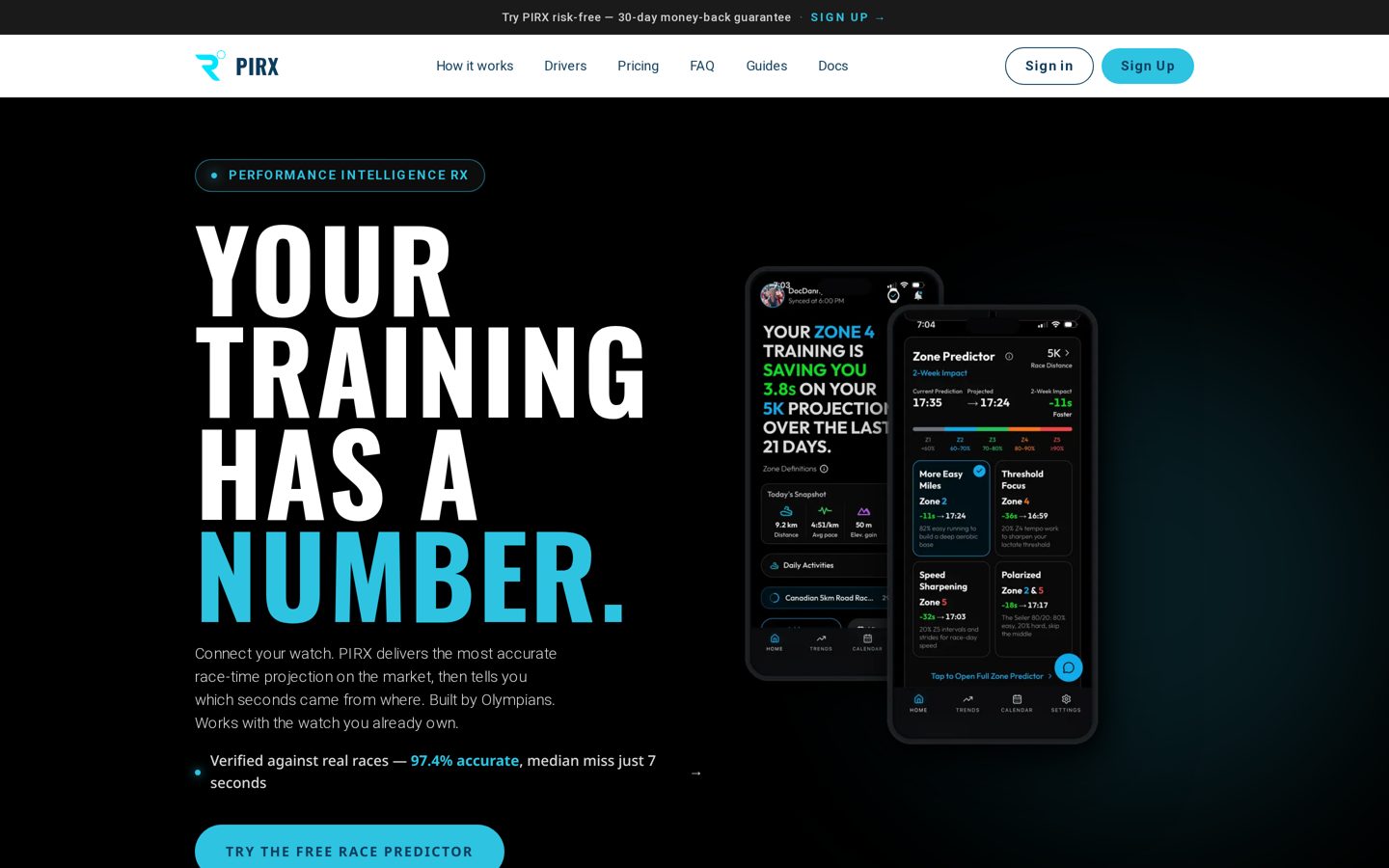pirx.ca home page, with a race time predictor: recent race, goal race, and race date.
