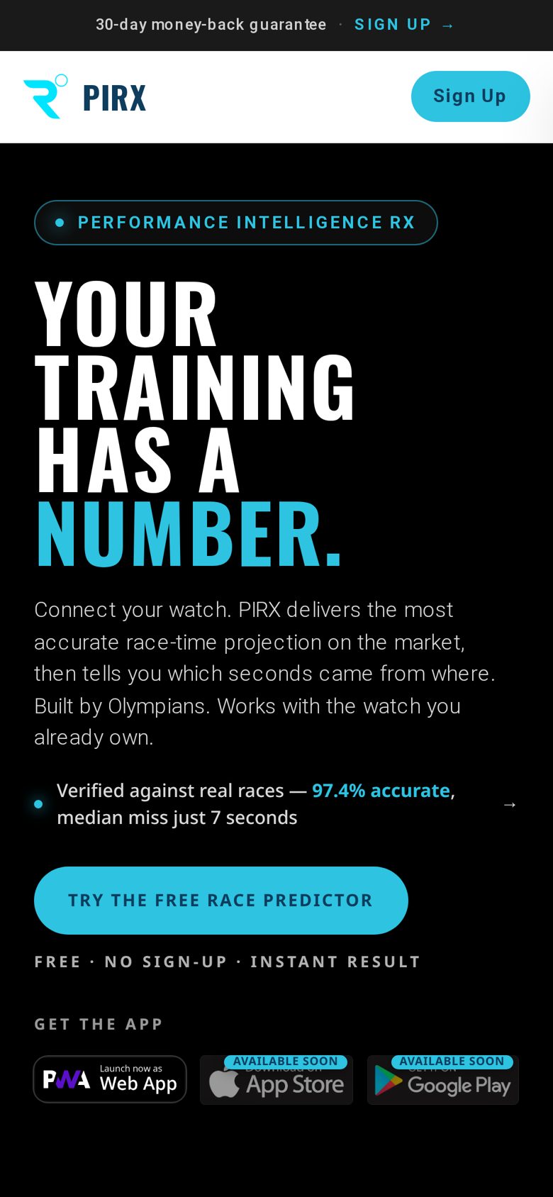 pirx.ca home page on a phone, with a race time predictor: recent race, goal race, and race date.