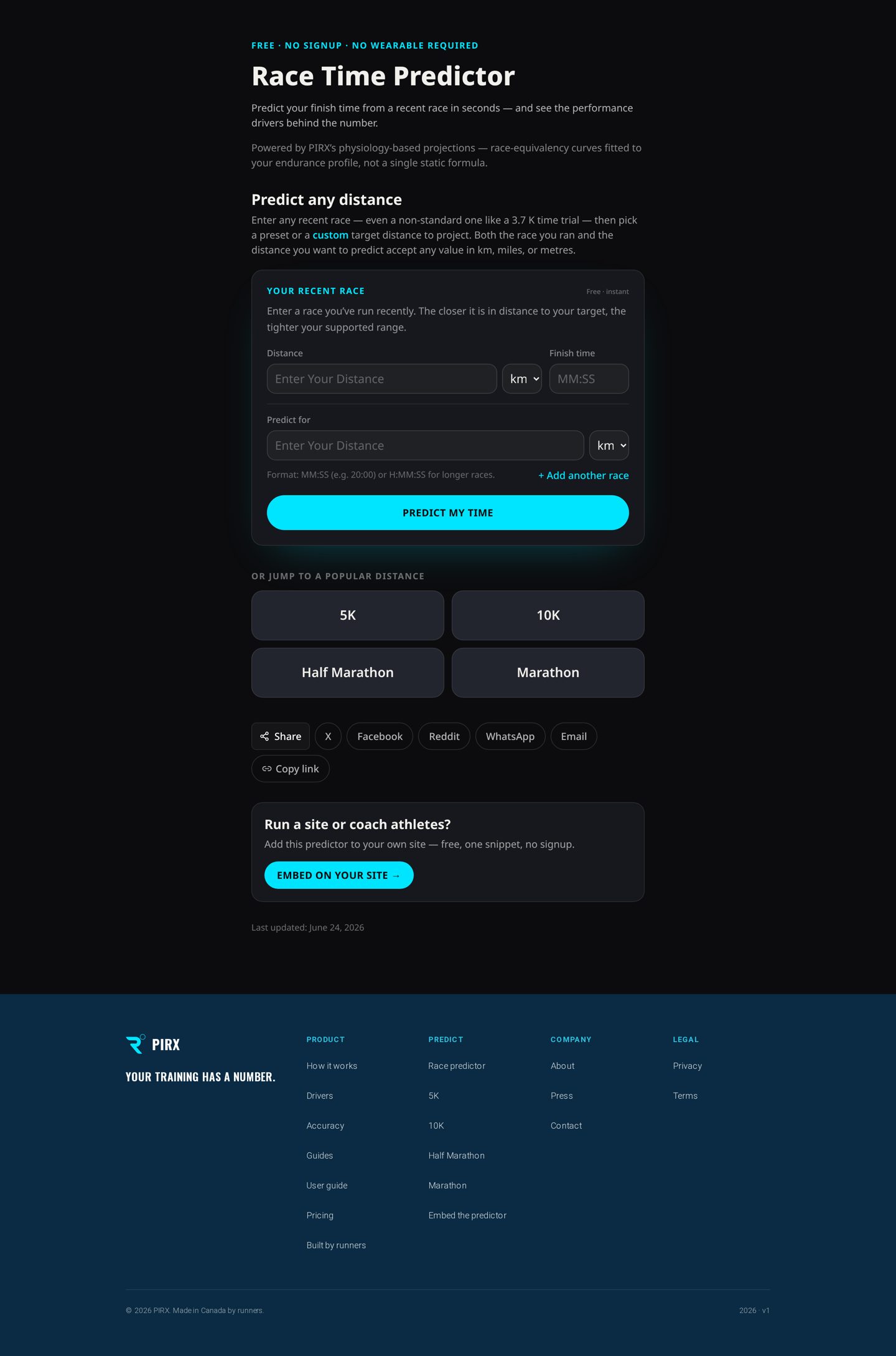 The pirx.ca race time predictor on a desktop browser, with a recent race, a goal race, and a sample prediction.