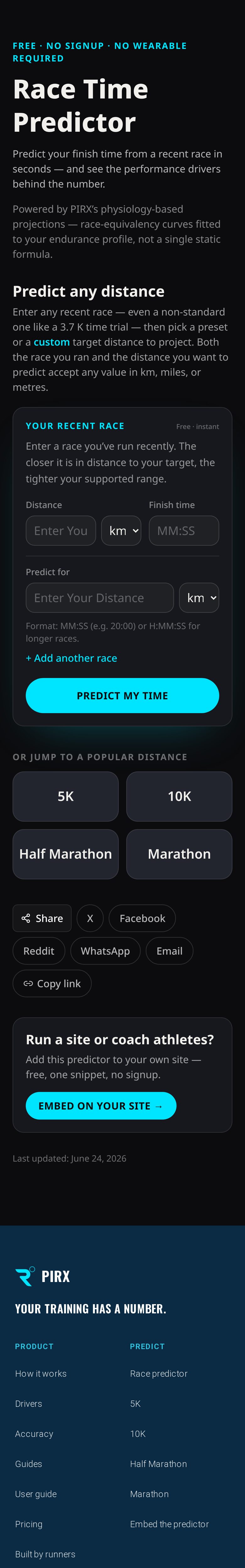The pirx.ca race time predictor on a phone, with a recent race, a goal race, and a sample prediction.