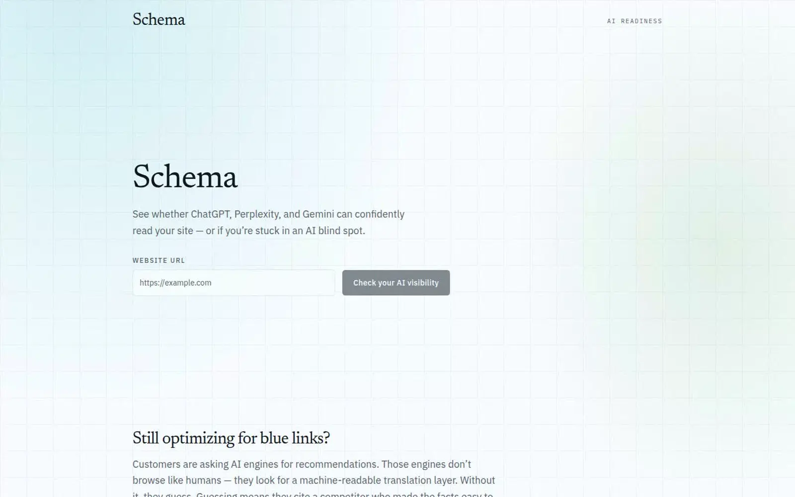 Schema home page: a URL field and an AI visibility check.