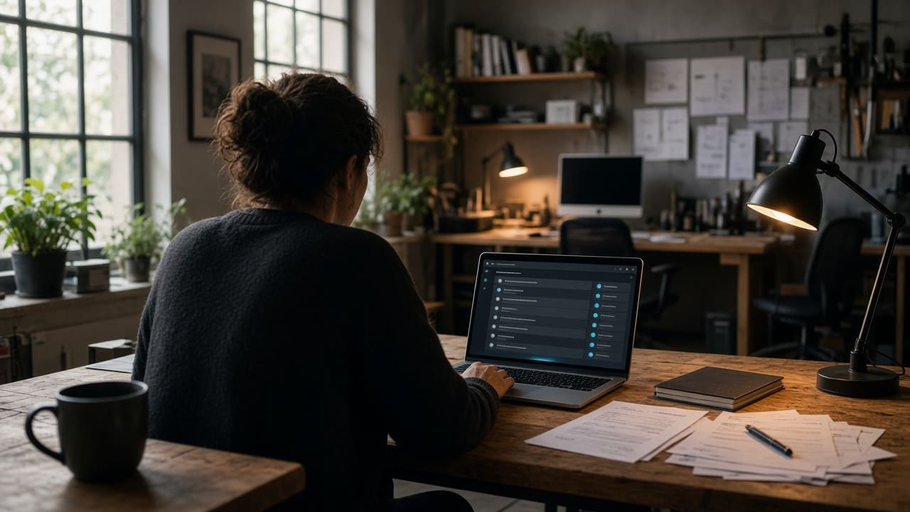 A person seen from behind at a laptop in a workshop, with a second person beside them, looking at a screen together