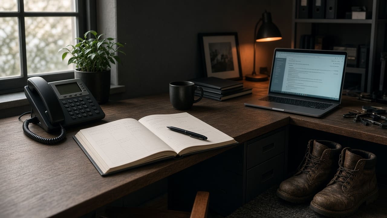 A trades office desk with a schedule book and a draft waiting for approval on the laptop