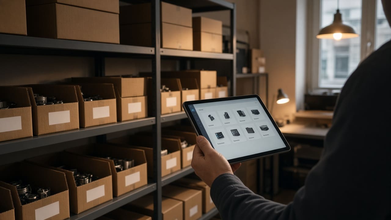 A hand checks stockroom shelves against a tablet before placing an order