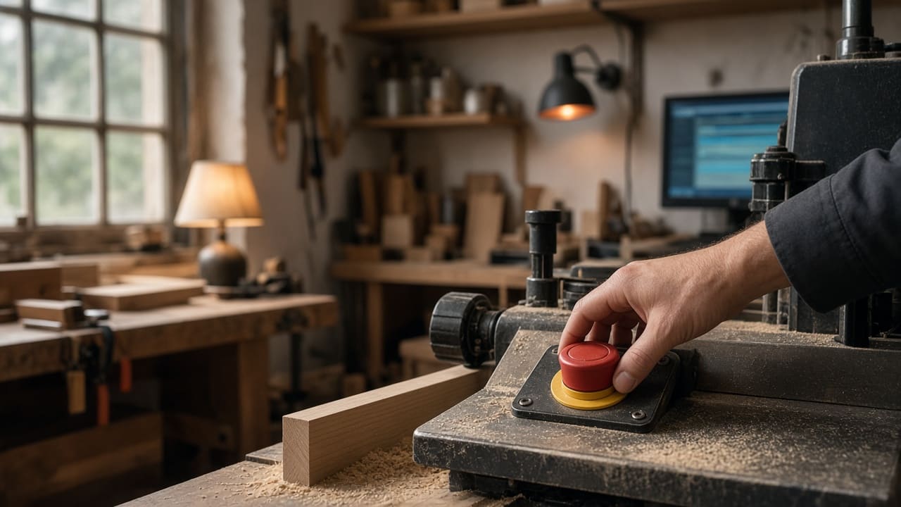 A hand on a workshop machine's stop button