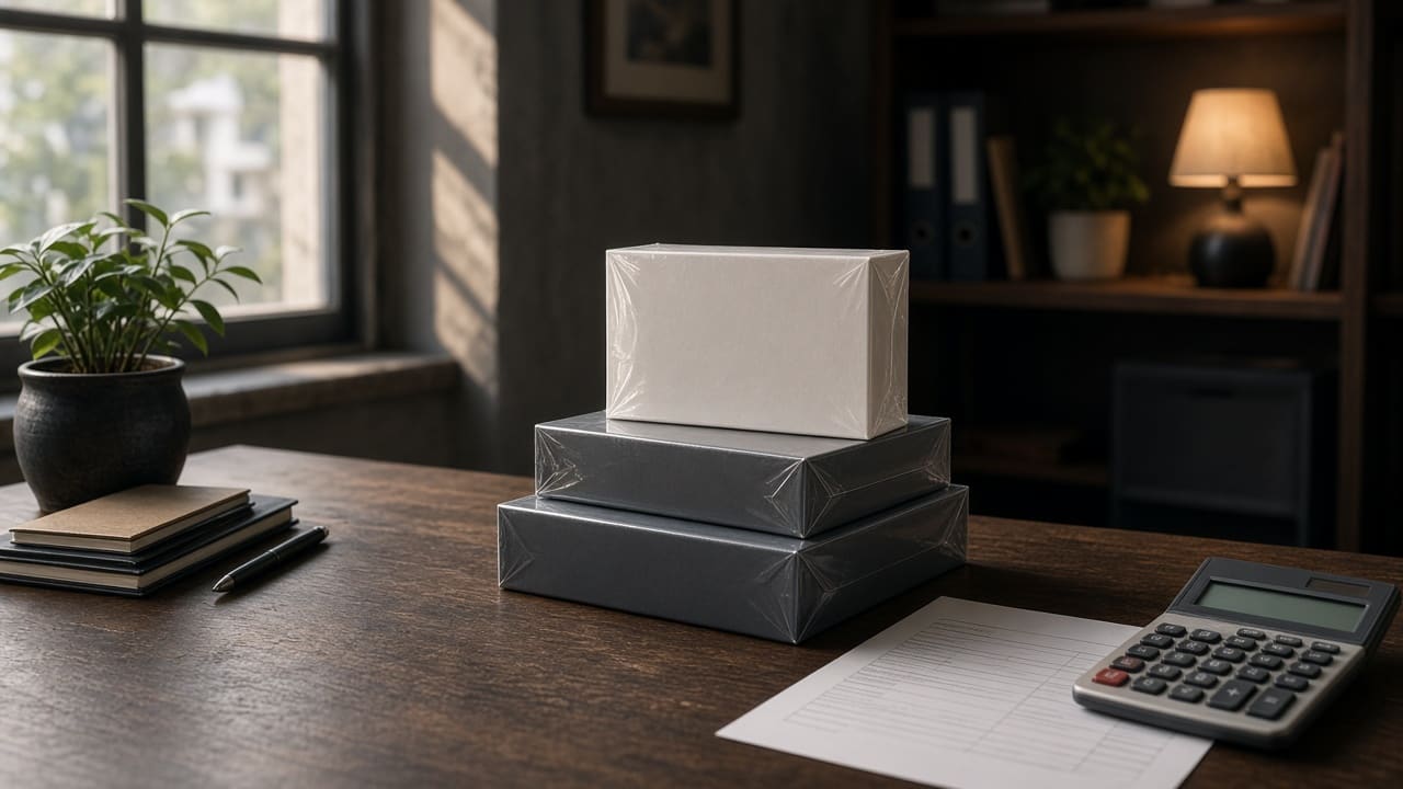 Unopened software boxes stacked on a desk next to an invoice and calculator