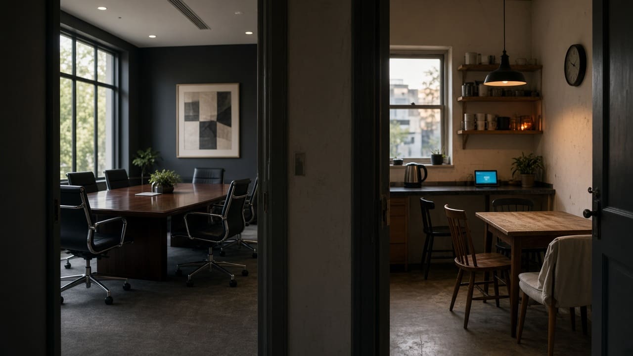 Through a doorway, a corporate boardroom and a small shop break room sit side by side