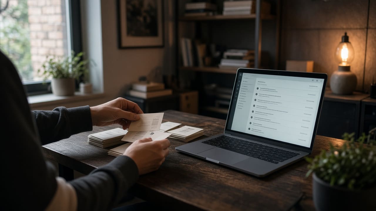 Printed customer feedback cards being sorted next to a laptop inbox in a small office