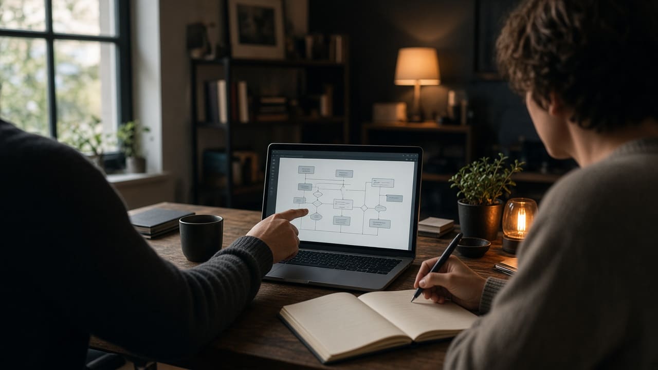 One coworker walks another through a new workflow on a laptop
