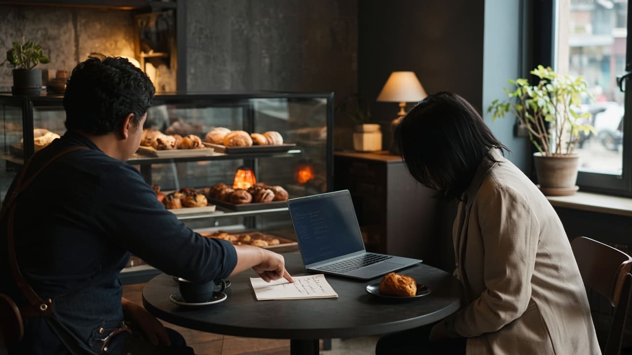 Two people at a small table, one with a laptop and one with a notebook, seen from the side so their faces stay out of view
