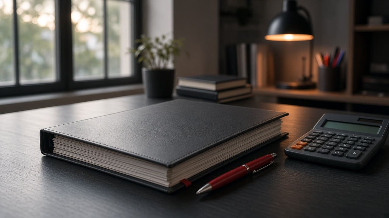 A thick consultant proposal binder on a desk beside a red pen and calculator
