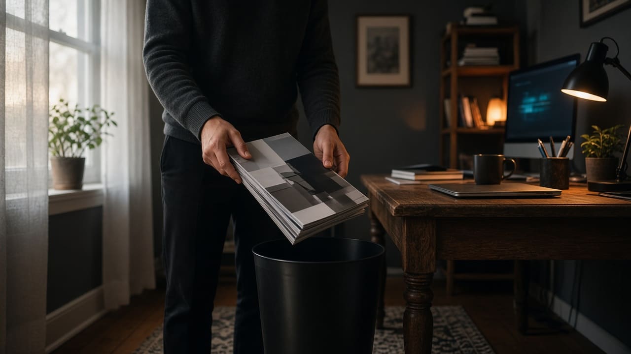 An owner sets aside a stack of vendor brochures beside the desk