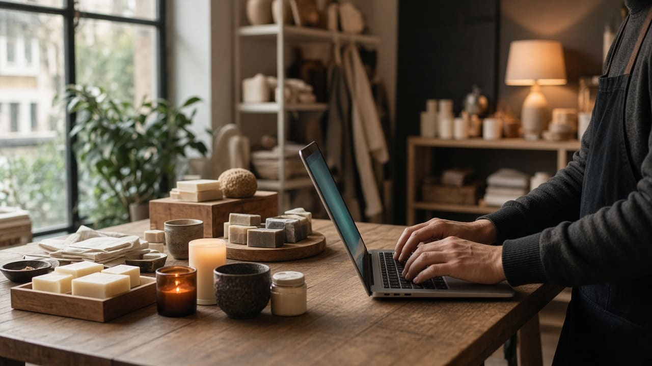 A boutique owner drafts a product description on a laptop beside product samples