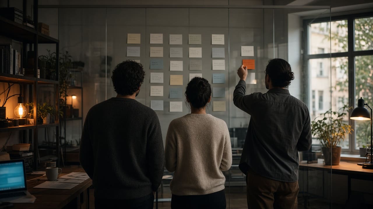 Four numbered steps written on a whiteboard, with two people standing in front of it and their faces turned away