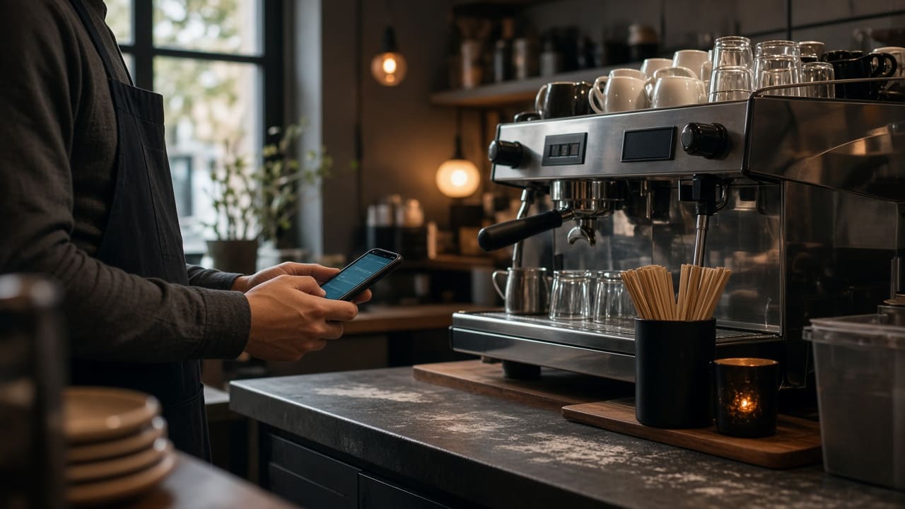 A cafe worker checks a phone between orders, everyday tool use at the counter