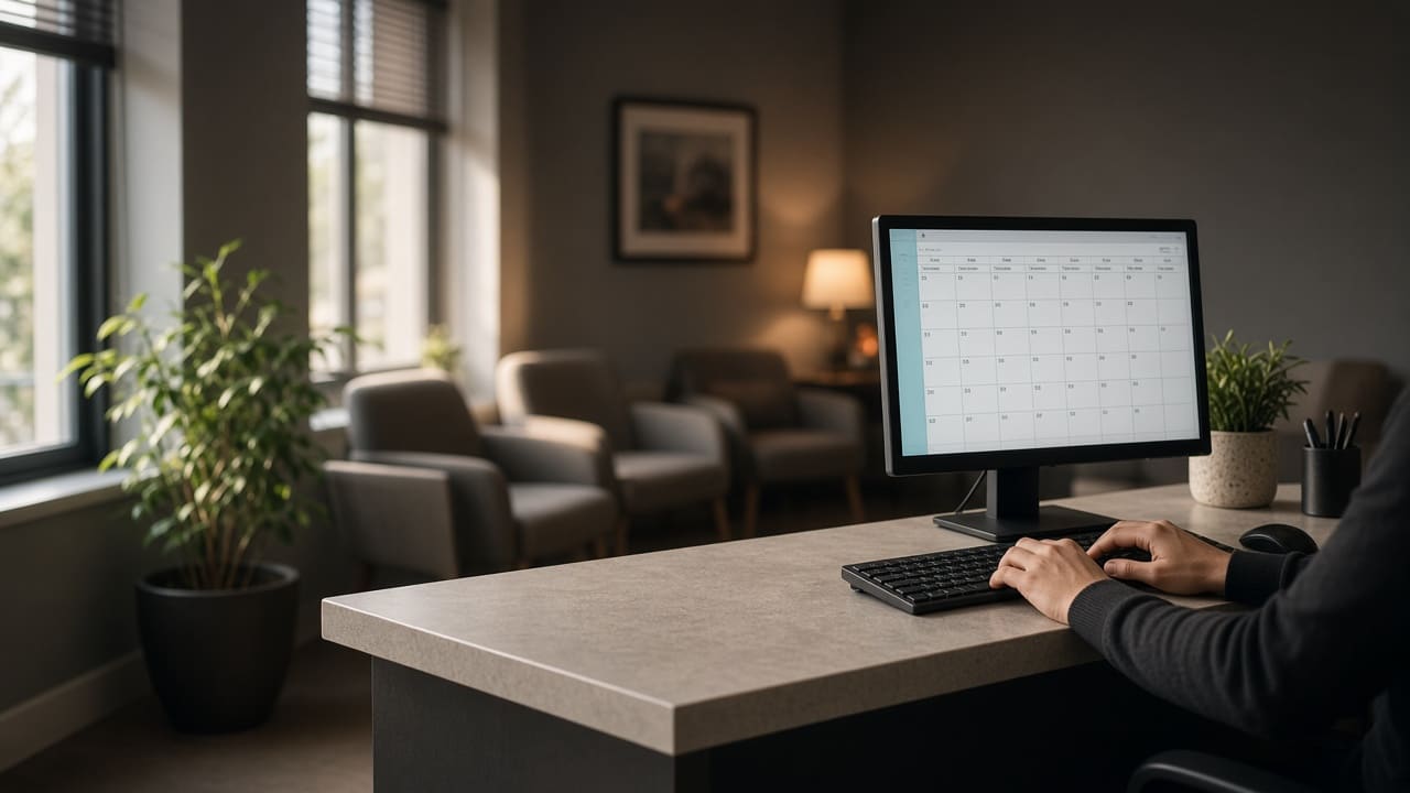 A clinic front desk where one scheduling system runs on a single monitor