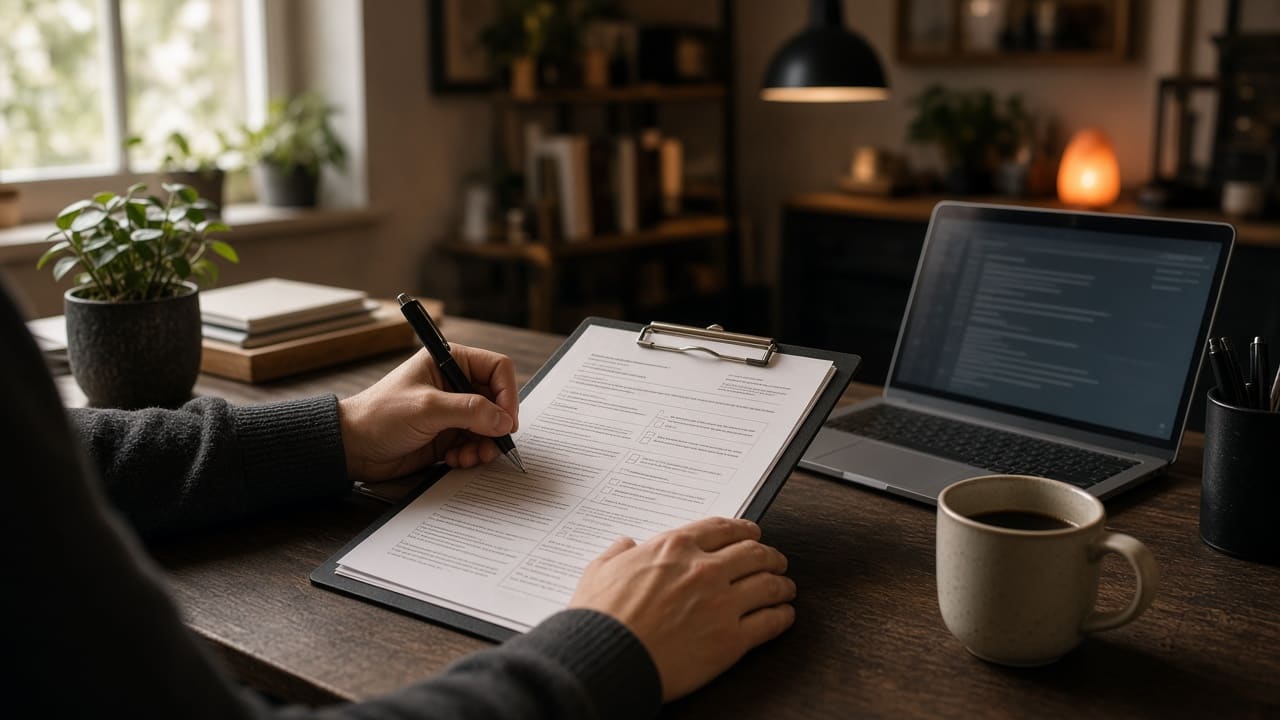 A clipboard questionnaire on a wooden table beside a pen and a coffee cup, with no person in the frame