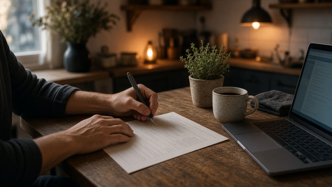 An owner filling in a printed self-assessment questionnaire at a kitchen table