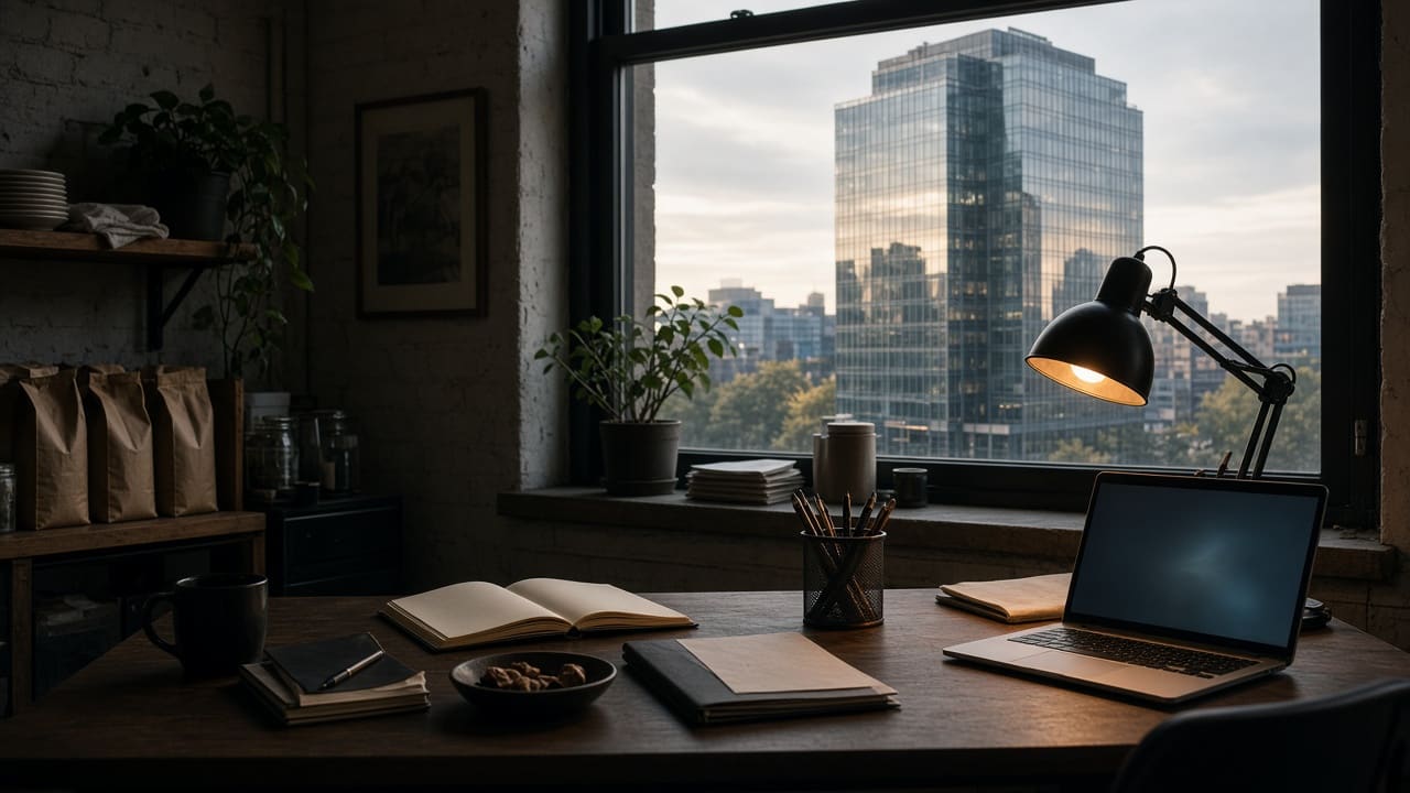 A small bakery office desk in the foreground with a large corporate building visible through the window