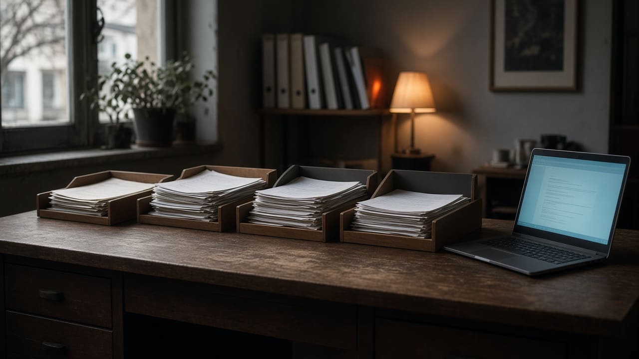 Four desk trays holding paperwork that gets more organized from one tray to the next