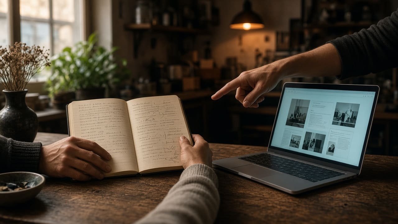 A shop owner and a counter employee compare a handwritten process notebook with records on a laptop