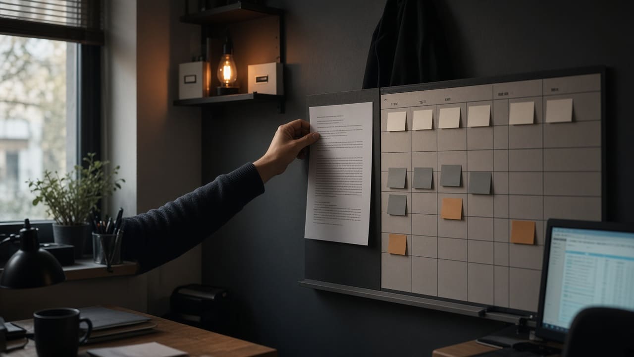 A one-page staff policy on tool use pinned beside a team schedule in a back office