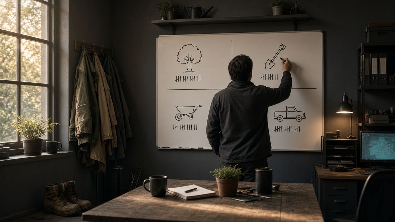 A one-page framework pinned to a workshop wall, with a person standing in front of it and their face out of frame