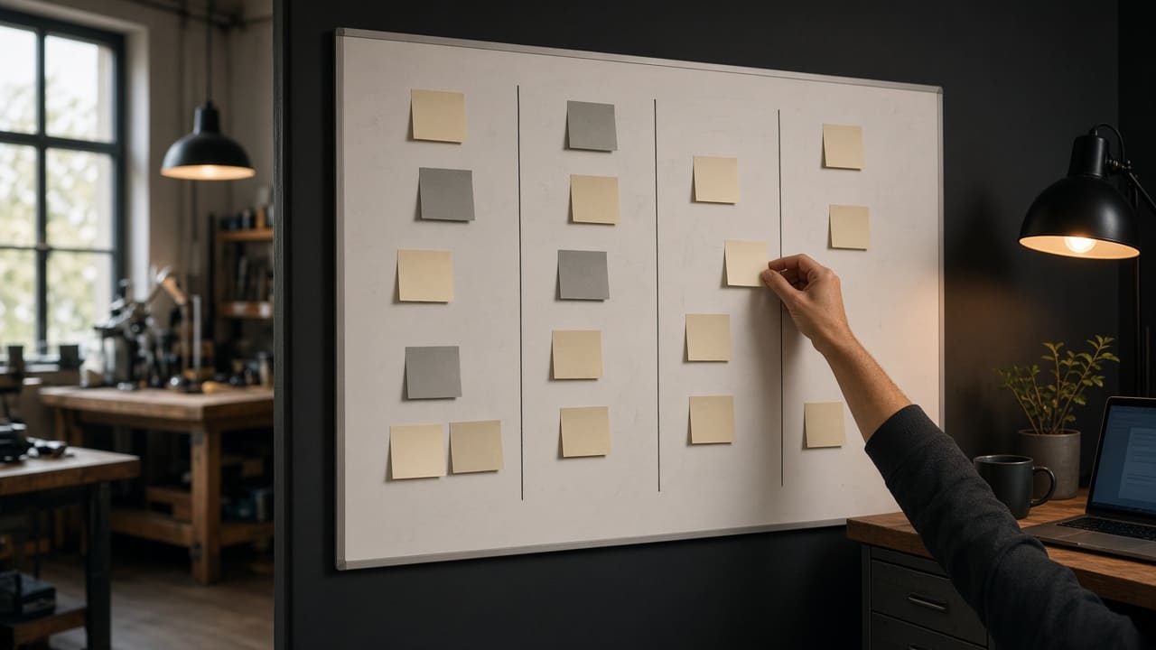 A workshop whiteboard with four columns and sticky notes moving from one to the next