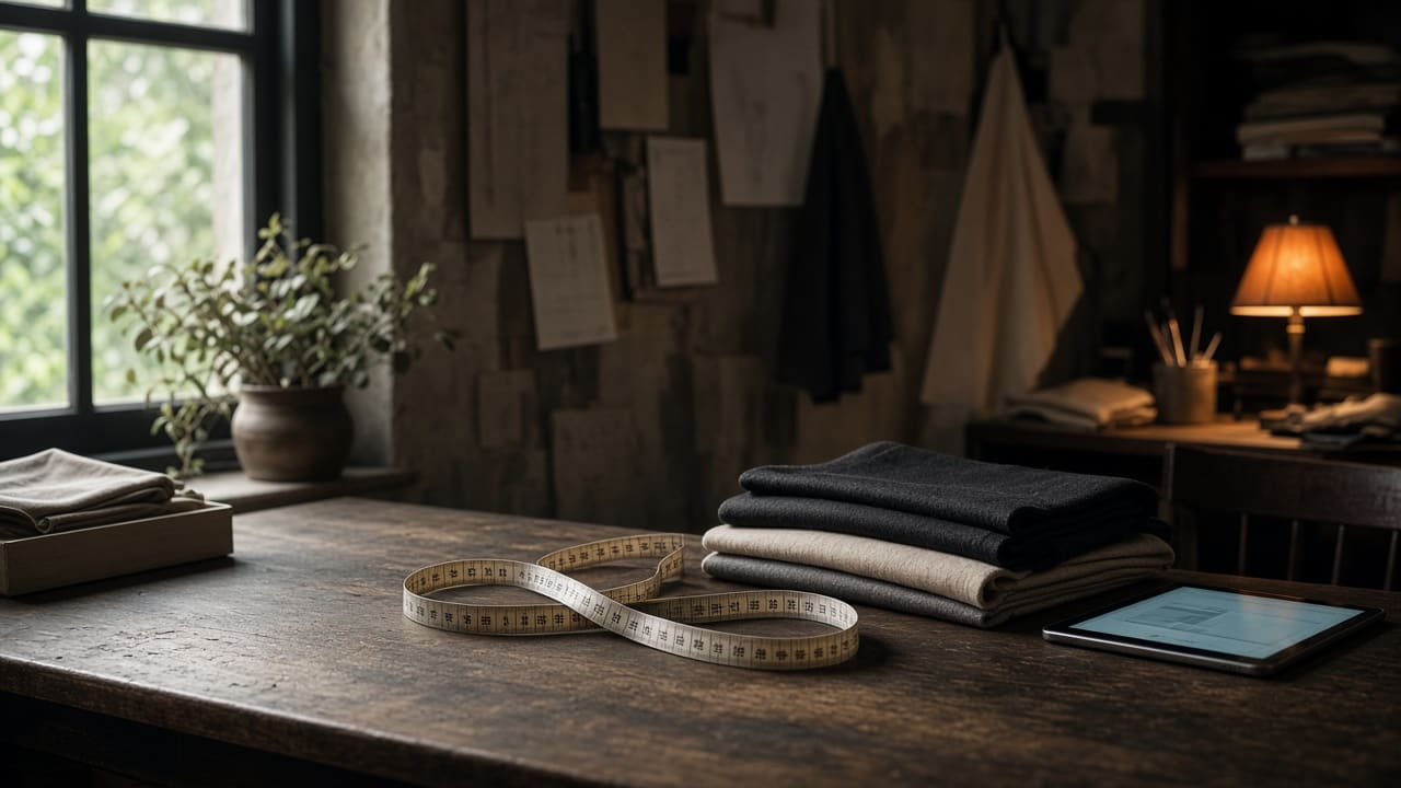 A measuring tape across a tailor's workbench beside fabric and a tablet