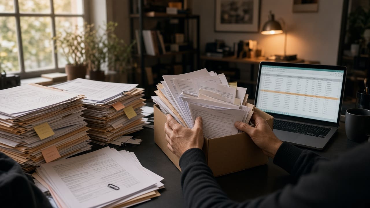 Hands arranging printed spreadsheets on a desk beside an open laptop, with no face in the frame