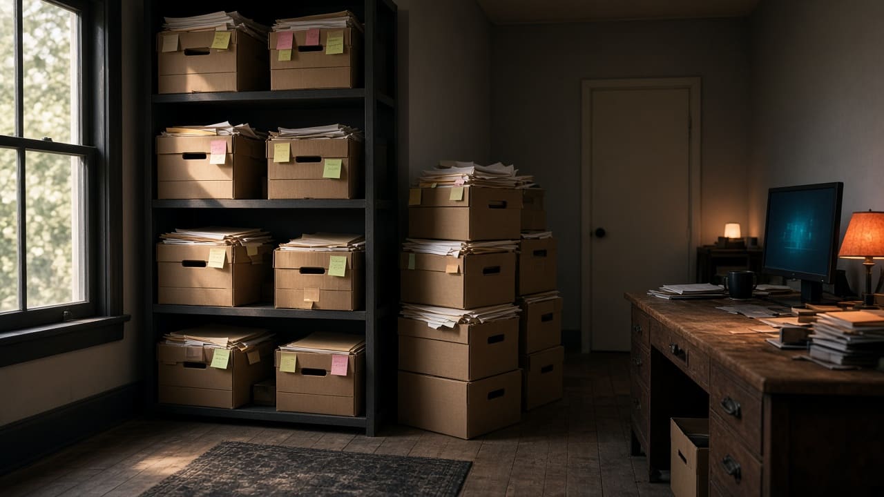 Banker's boxes of mismatched paper files stacked in a small office storeroom