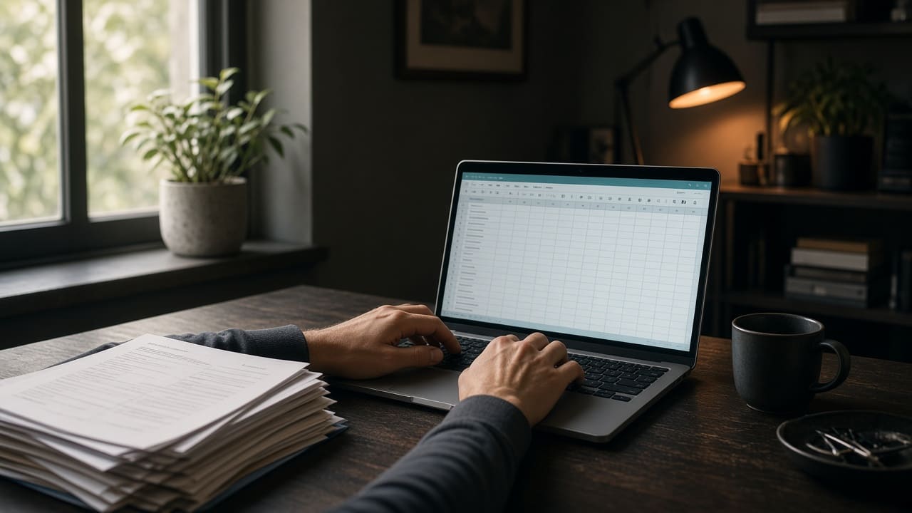 Hands enter paper invoice details into a spreadsheet on a laptop