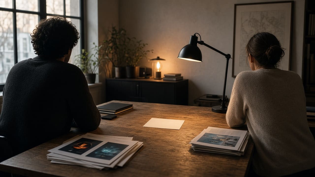 A one-page plan on a cafe table beside a laptop and a coffee cup, with a person's hands on the page and no face shown