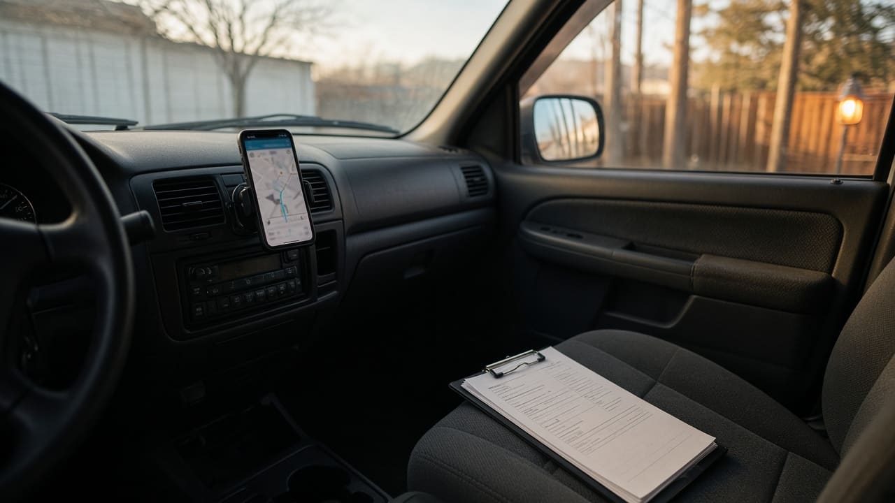 A contractor's truck cab with a phone on the dash and a clipboard on the seat