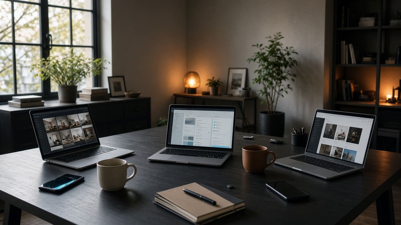Three personal laptops open on one office table, each running different tools