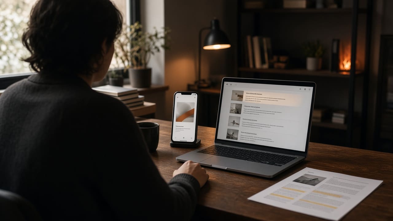 A phone and a laptop open on a cafe table beside a coffee cup, screens facing up, with no person in the frame