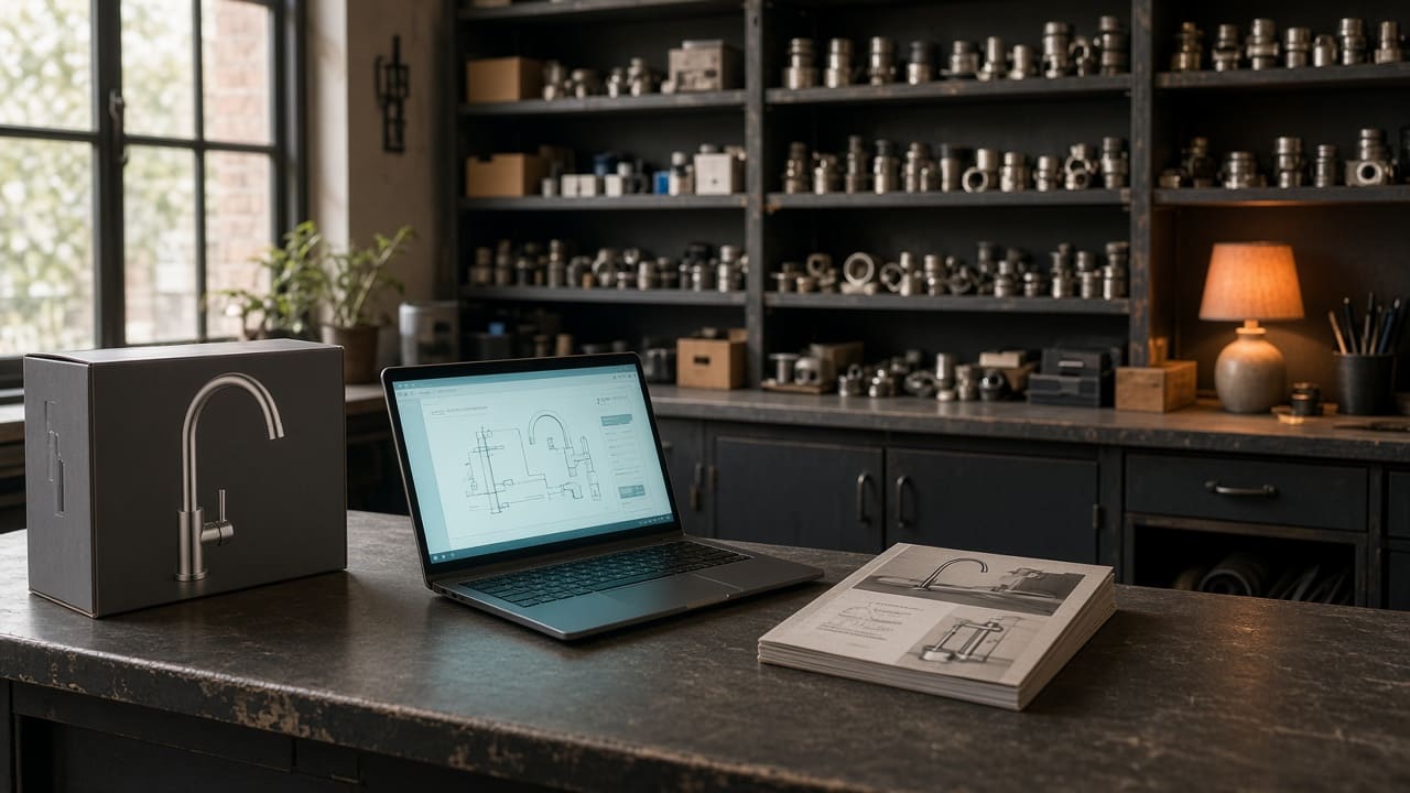 A boxed faucet beside a laptop and product catalogue on a hardware store counter