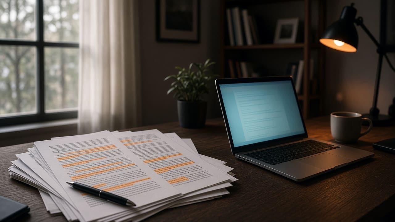 Printed research papers with highlighted passages beside a laptop