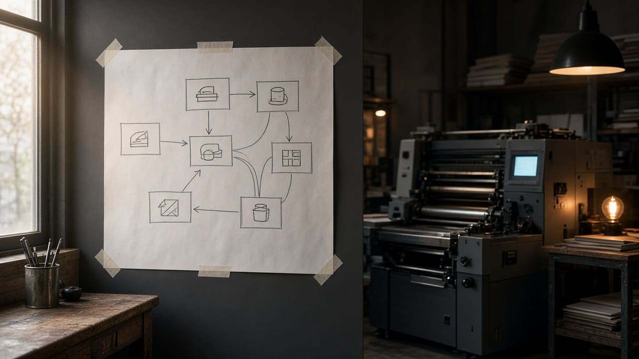 A hand-drawn process map taped to the wall of a print shop