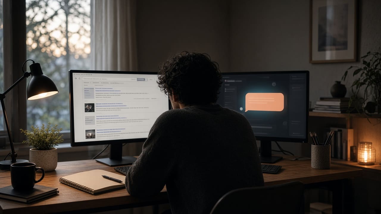 A laptop and a phone side by side on a wooden desk, both screens on, with no person in the frame