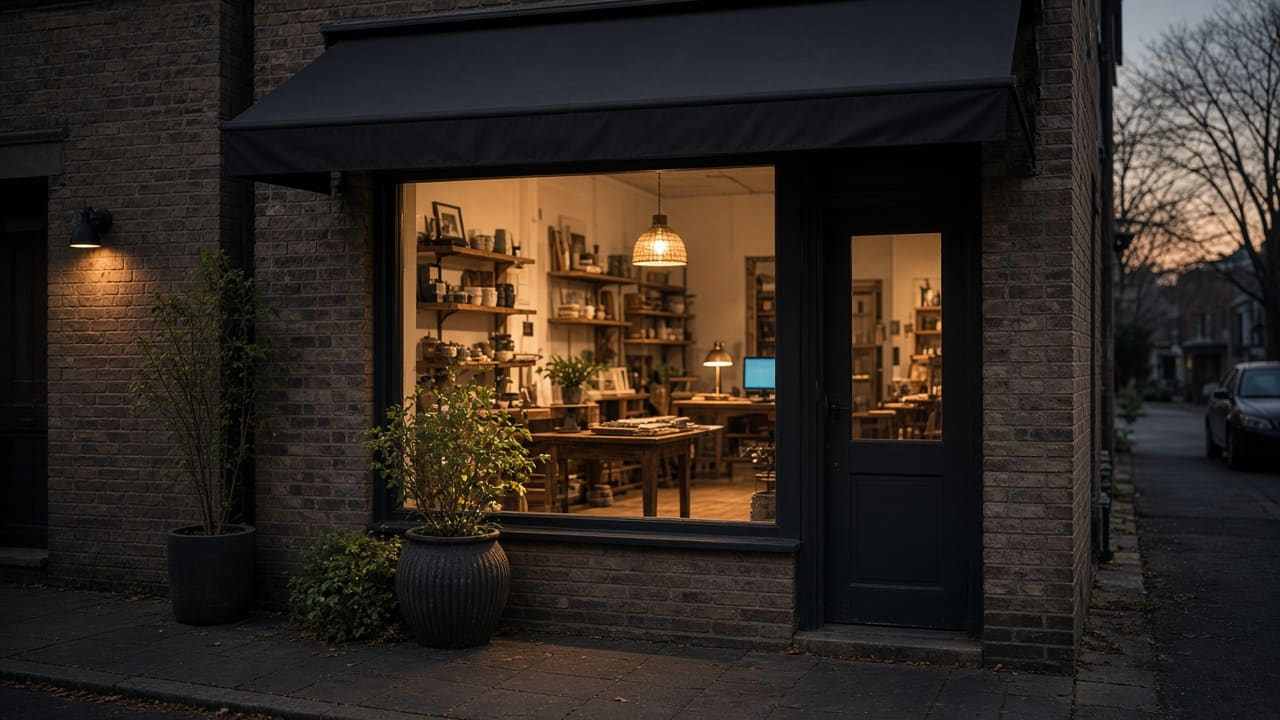 A small shop's lit storefront at dusk