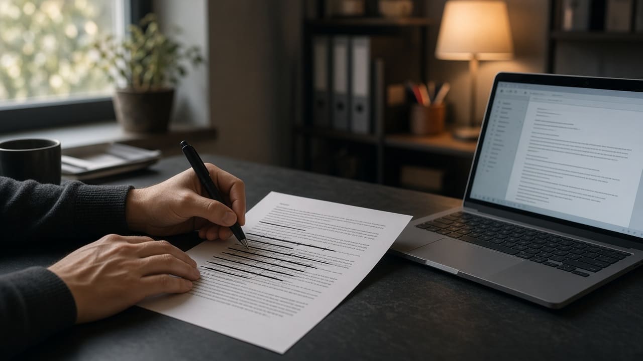 An owner edits a printed email draft by hand, rewriting half of it