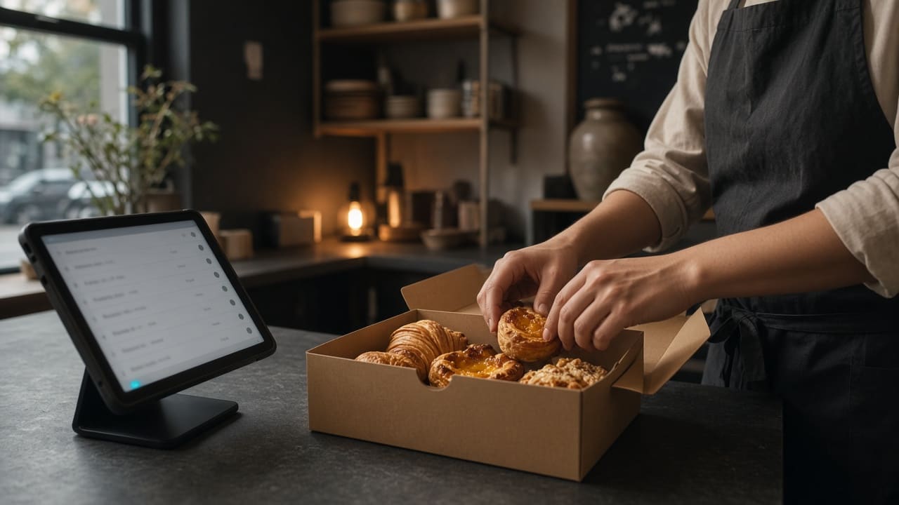 A bakery worker boxes pastries while an order tablet shows the queue