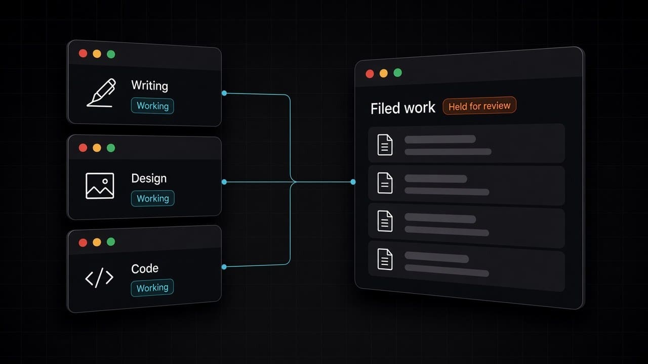 Three small cards labelled Writing, Design and Code, each marked Working, feeding a Filed work panel marked Held for review