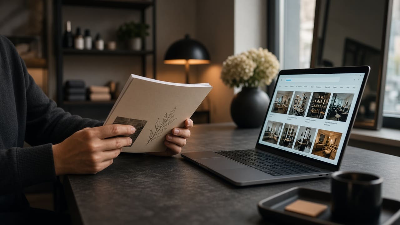 An owner reads a printed search guide beside a laptop