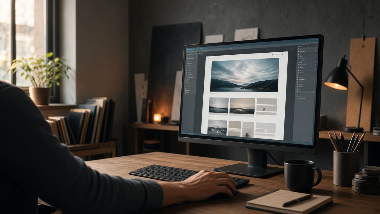 A designer adjusts a web page layout in a small studio
