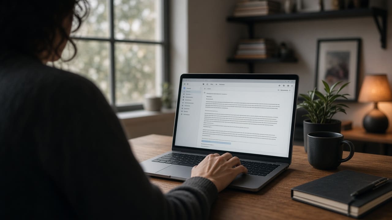 A person reviews a drafted customer reply on a laptop before sending it