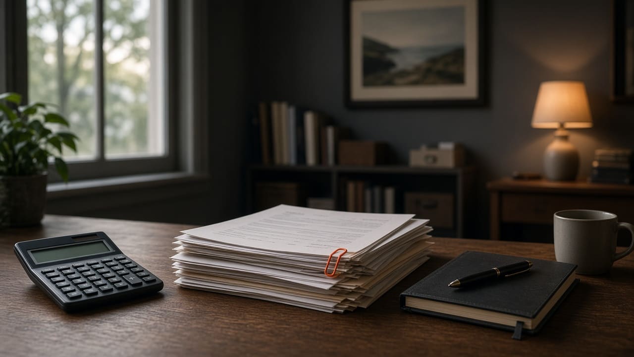 A bookkeeper's desk with one invoice flagged by an orange clip